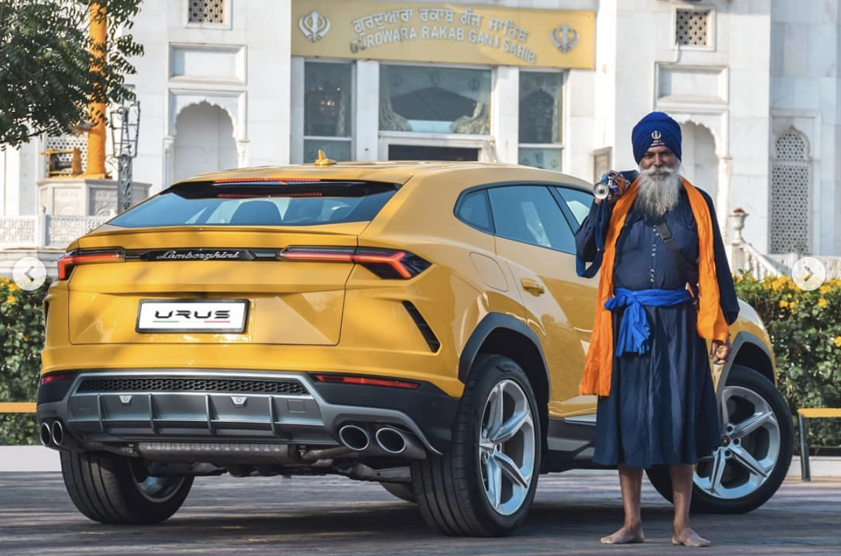 Nihang Singh poses in Lamborghini Ad